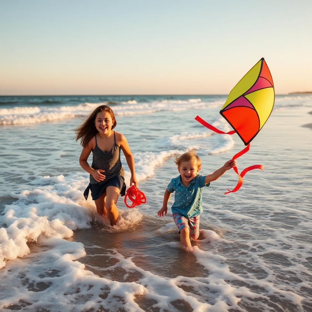 Family flying a kite in the surf on an Outer Banks beach