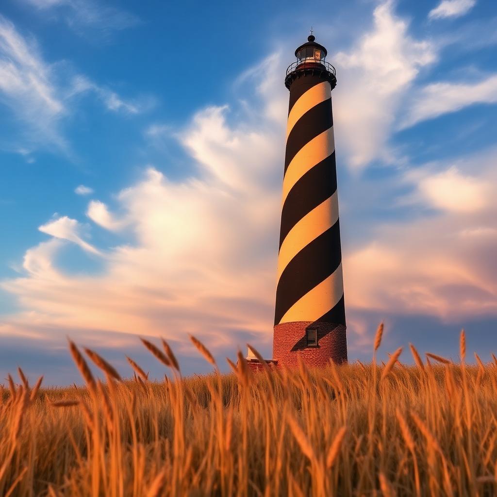 Cape Hatteras lighthouse rising above dune grass