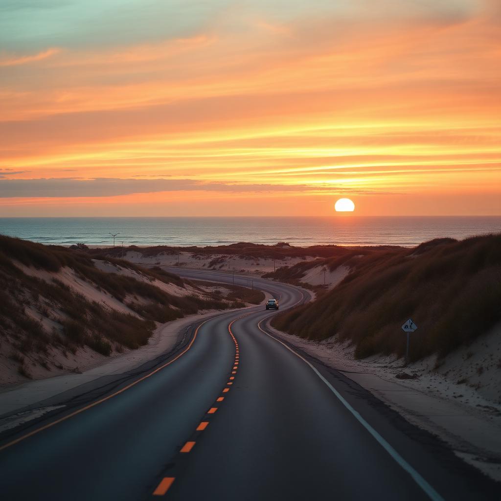 Highway 12 winding through Outer Banks dunes at sunrise