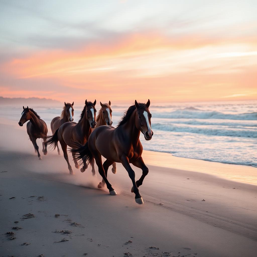 Wild horses running on a Corolla beach at sunrise